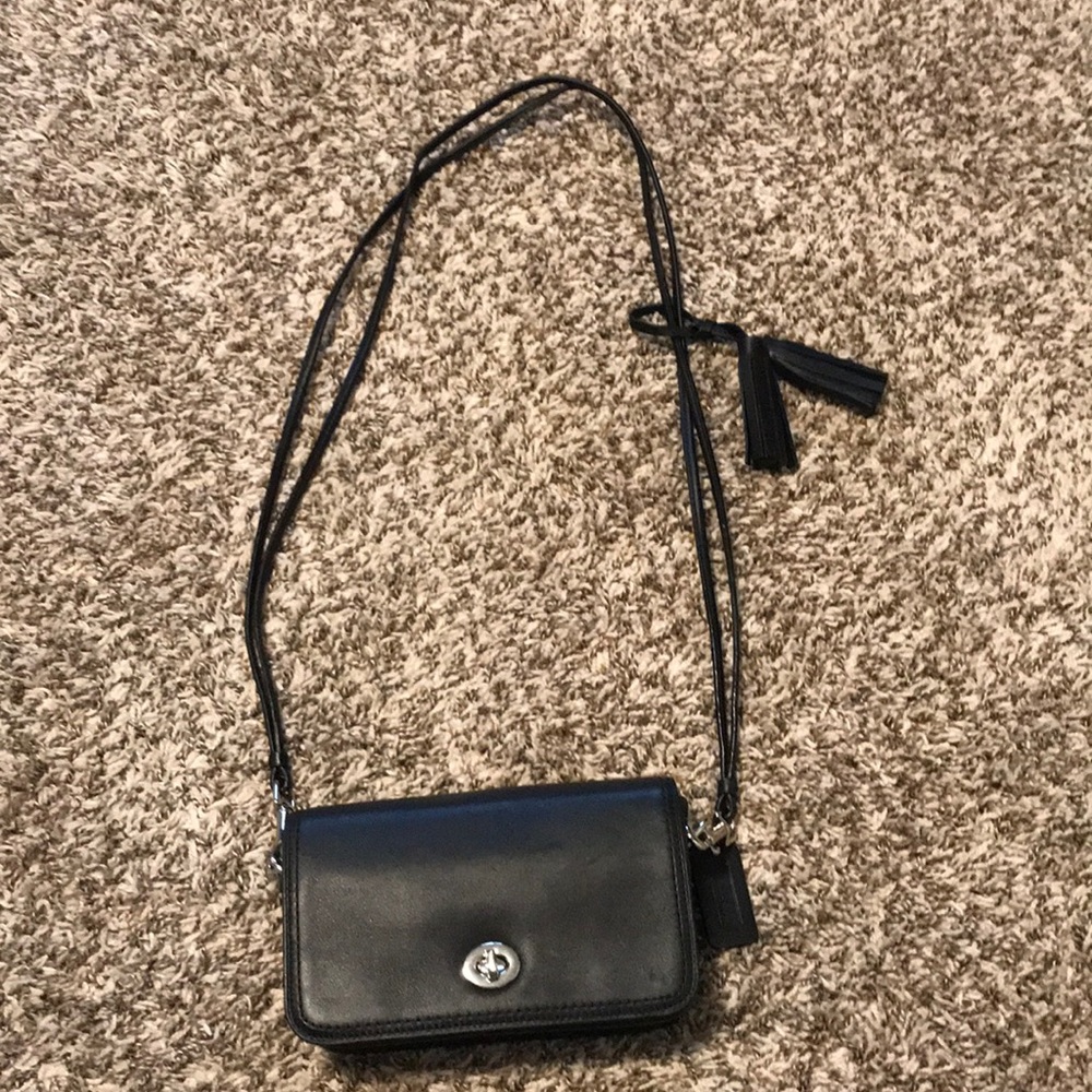 Black Coach crossbody satchel purse w/ tassels